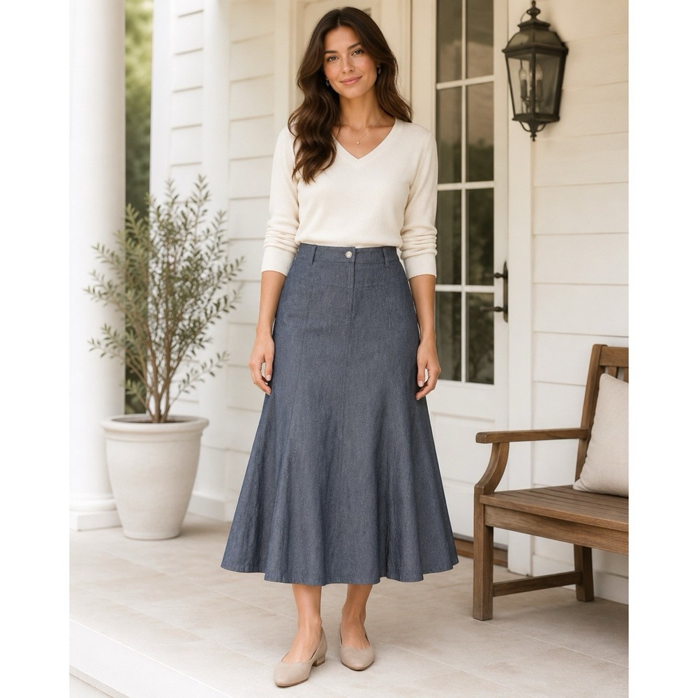 1830 Brand Denim Skirt Size 8 Long Modest Mermaid Flare Blue Cotton No Slit